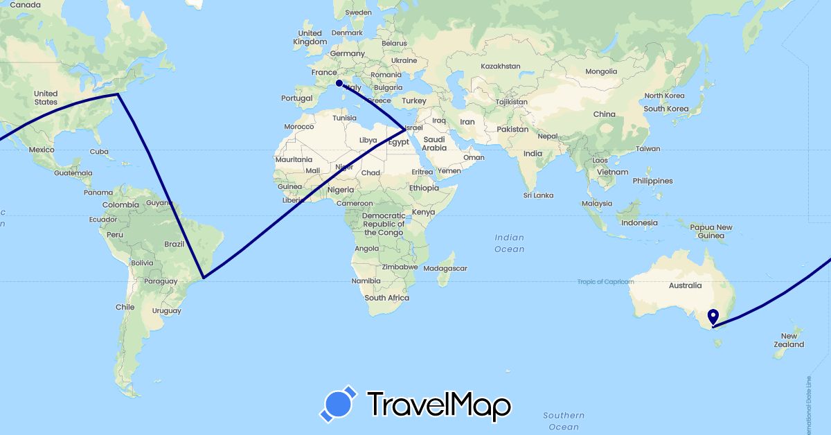 TravelMap itinerary: driving in Australia, Brazil, Egypt, Monaco, United States (Africa, Europe, North America, Oceania, South America)