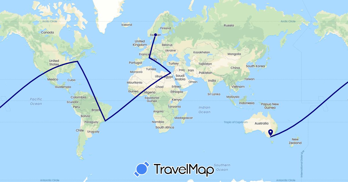 TravelMap itinerary: driving in Australia, Brazil, Egypt, Monaco, Sweden, United States (Africa, Europe, North America, Oceania, South America)